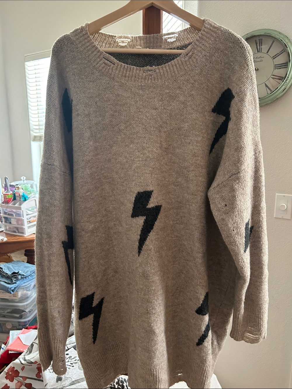 easel Beige Crewneck Sweater with Black Lightning Motifs